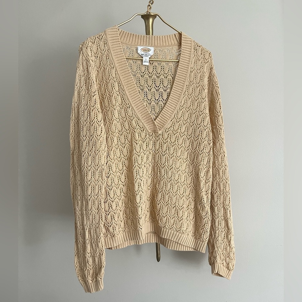 Talbots mercerized cotton V-Neck Beige crochet festival beachy fairy Sweater L